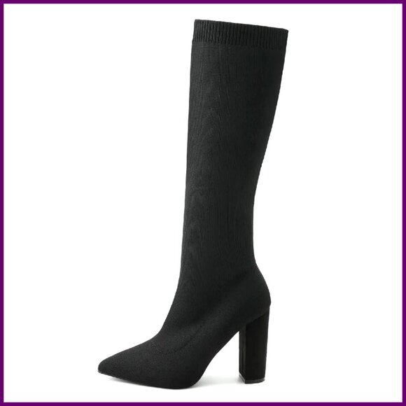 Women's Winter Chunky Heel Knee High Boots Stretch Knit Non-Slip Sole